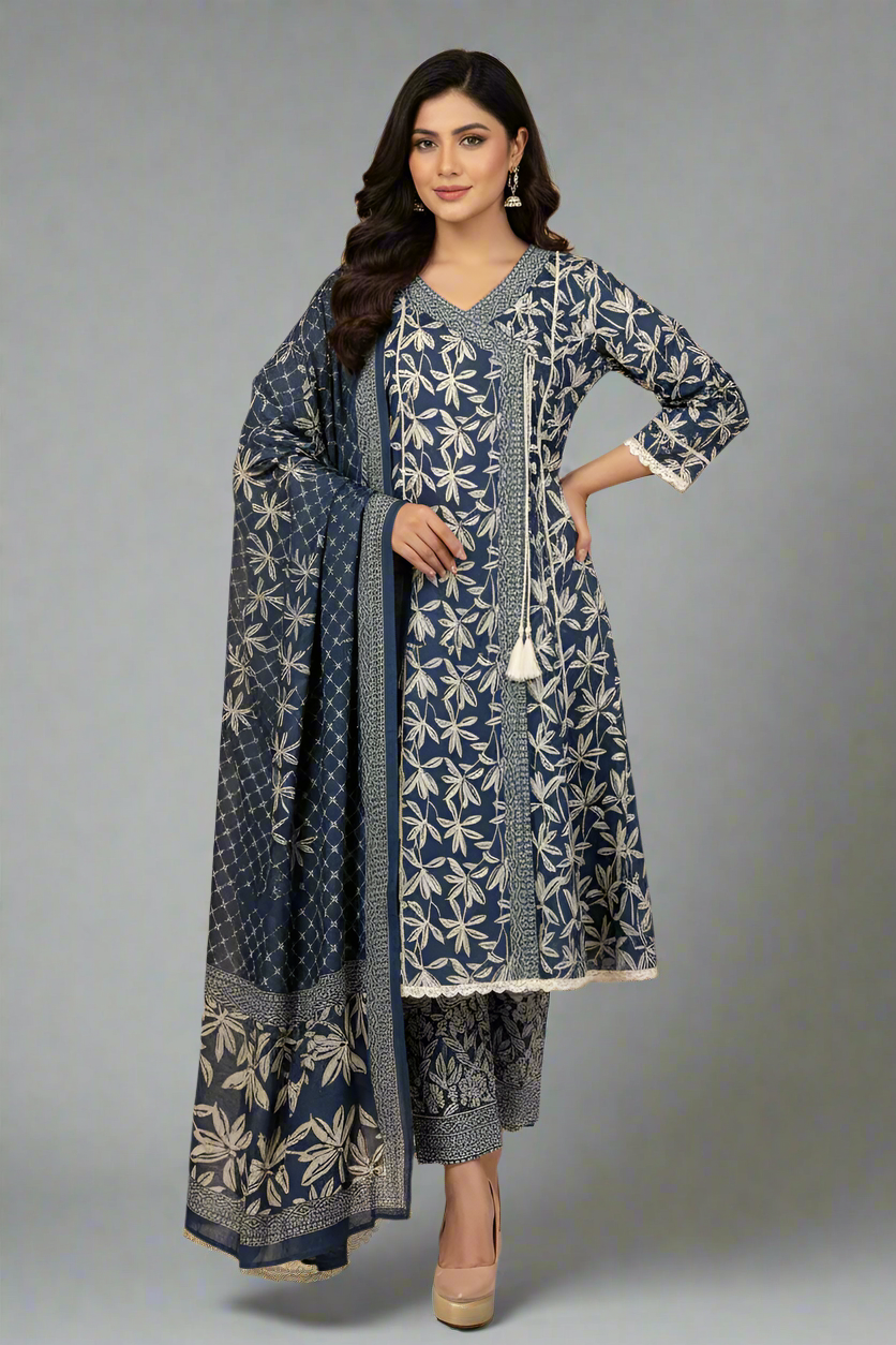 Lawn A-Line printed shirt - Pakistani women's casual summer outfit with cotton trouser and lawn dupatta front view