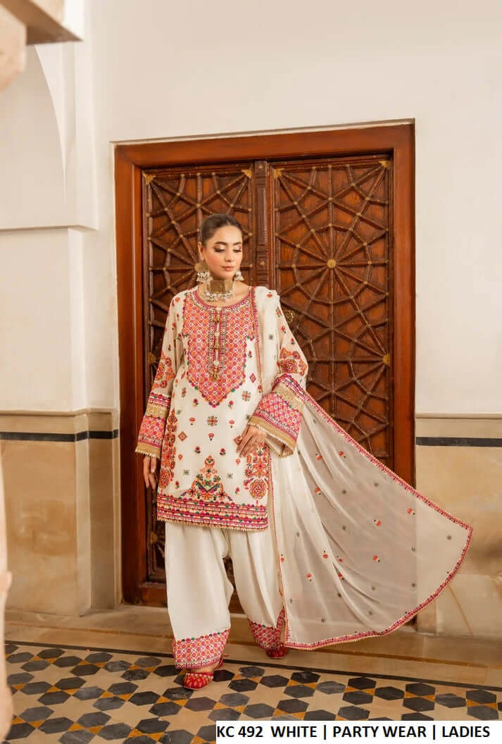 Silk long kaftan plazo white - Pakistani women's luxury formal wear with silk dupatta front view