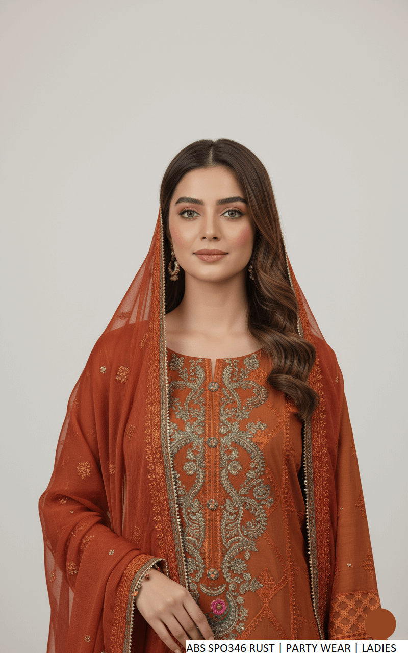 Rust chiffon Pakistani women's straight shirt with jacquard trouser side view