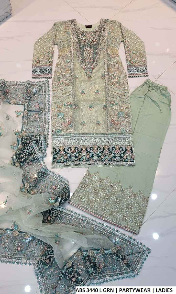 Pakistani women's light green organza straight shirt plazo back view