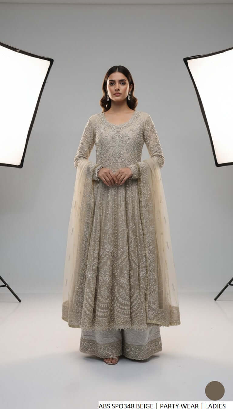 Masuri net long frock plazo beige - Pakistani women's luxury bridal formal wear with jamawar plazo front view