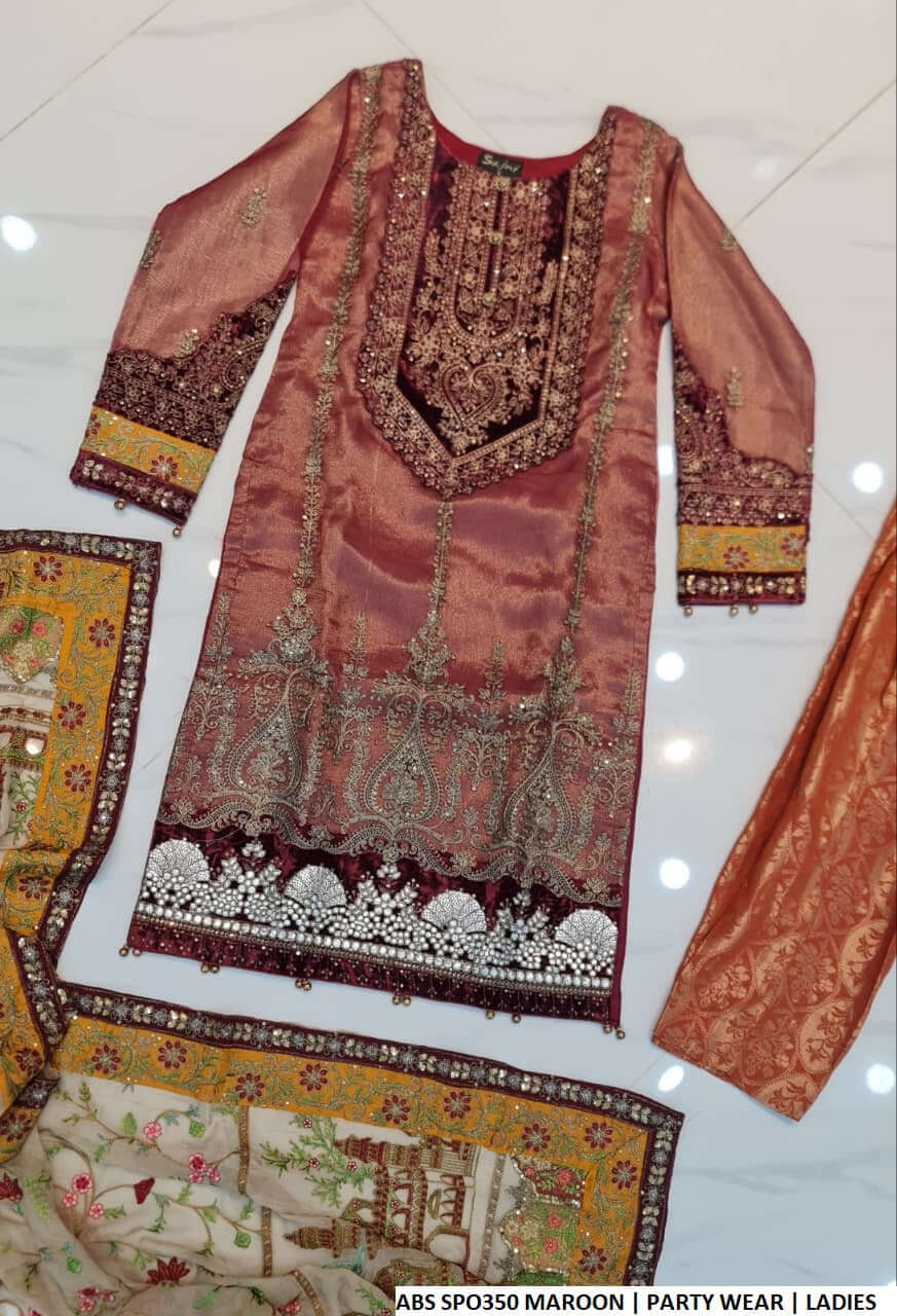 Pakistani women's maroon organza straight shirt back view