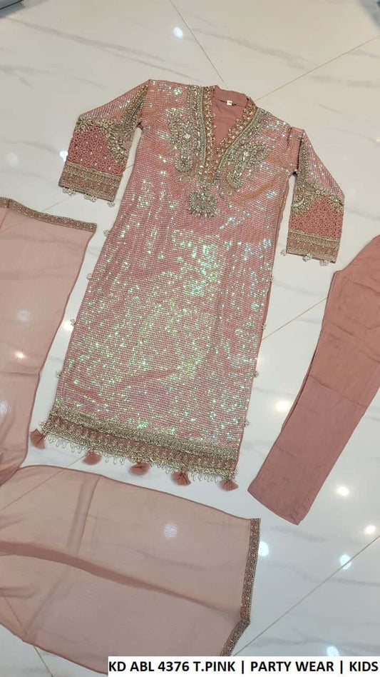 KD ABL 4376 T.PINK chiffon Pakistani kids sequined straight shirt party wear back view