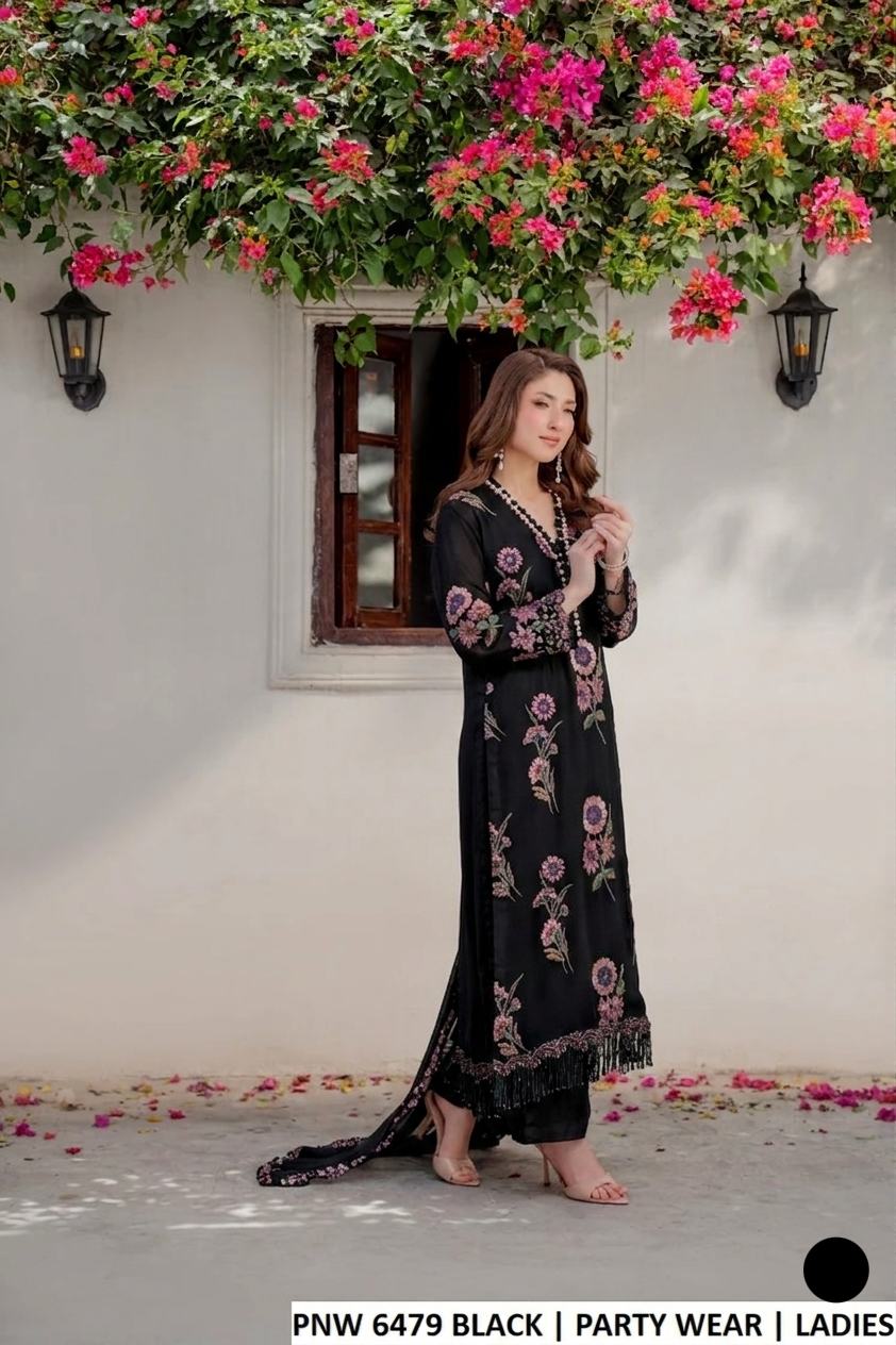 PNW 6479 BLACK - Black Chiffon Plazo 3-Piece Women's Pakistani Suit