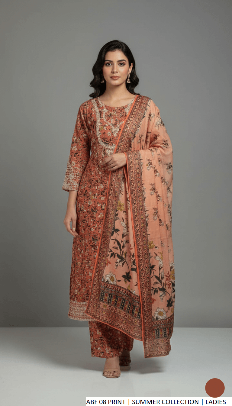 Lawn A-Line printed shirt - Pakistani women's casual summer outfit with lawn trouser and digital print dupatta front view