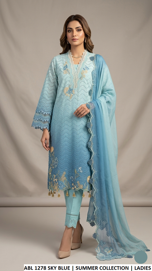 ABL 1278 SKY BLUE - Sky Blue Poly Lawn Straight 3-Piece Women’s Pakistani Suit