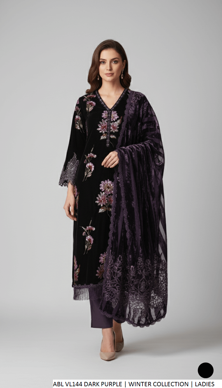 Velvet A-Line shirt dark purple - Pakistani women's formal winter wear with viscose trouser and palachi shawl front view