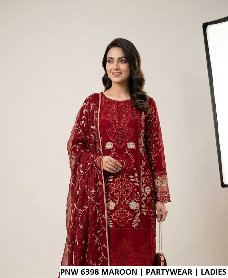PNW 6398 MAROON - Maroon Chiffon Straight 3-Piece Women's Pakistani Suit
