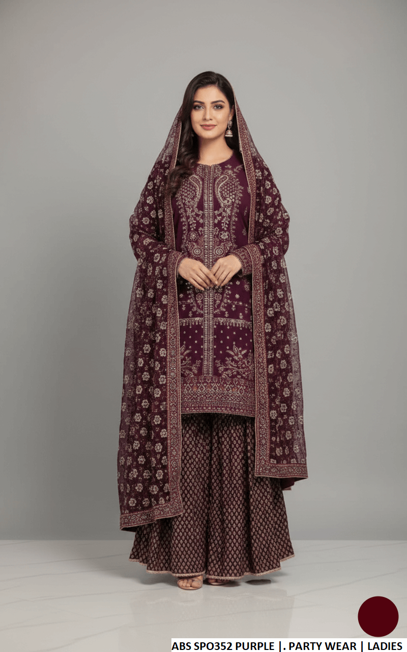 Chiffon straight shirt gharara purple - Pakistani women's festive party wear with jamawar trouser and chiffon dupatta front view