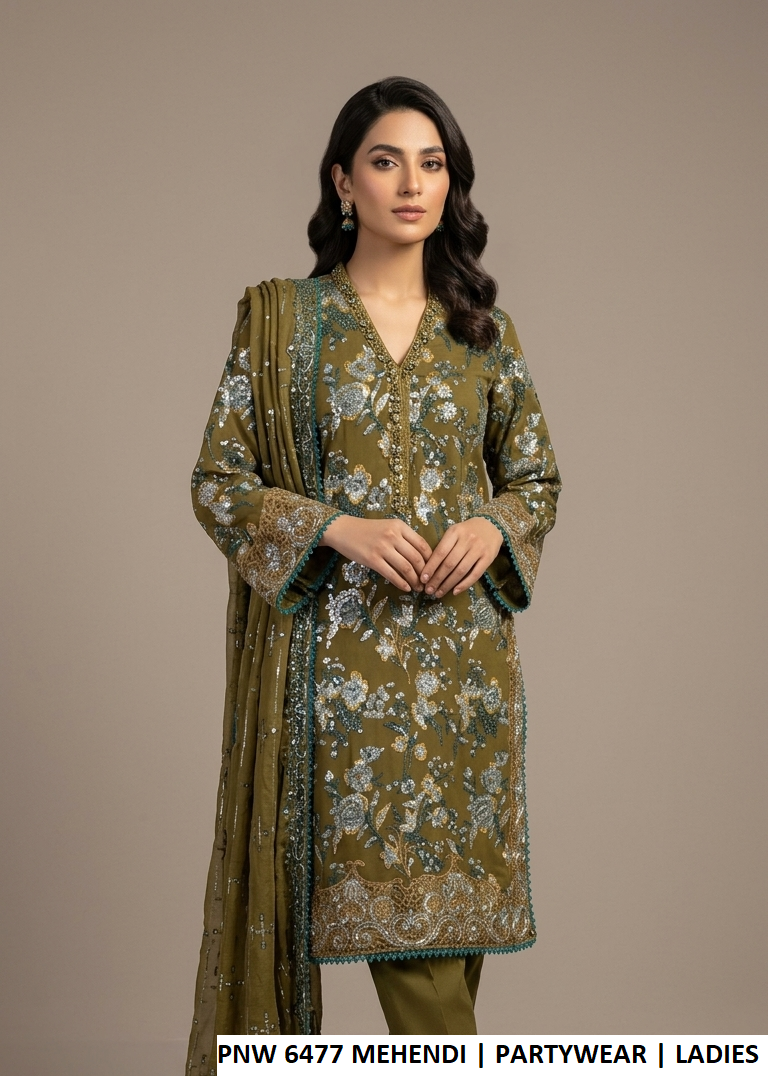 Chiffon straight shirt plazo mehendi green - Pakistani women's party wear with grip trouser and chiffon dupatta front view