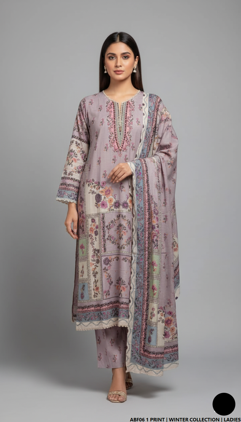 Khaddar printed 2-piece - Pakistani women's casual winter outfit with khaddar trouser and shawl front view