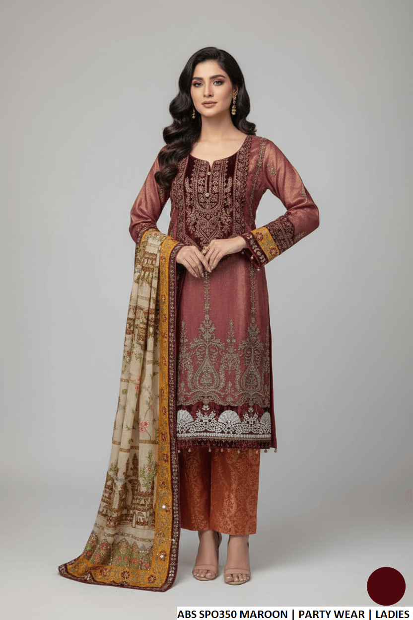 Organza straight shirt maroon - Pakistani women's elegant party wear with jamawar trouser and chiffon dupatta front view