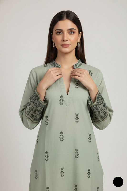 Pista green silk Pakistani women's short shirt with farshi shalwar side view
