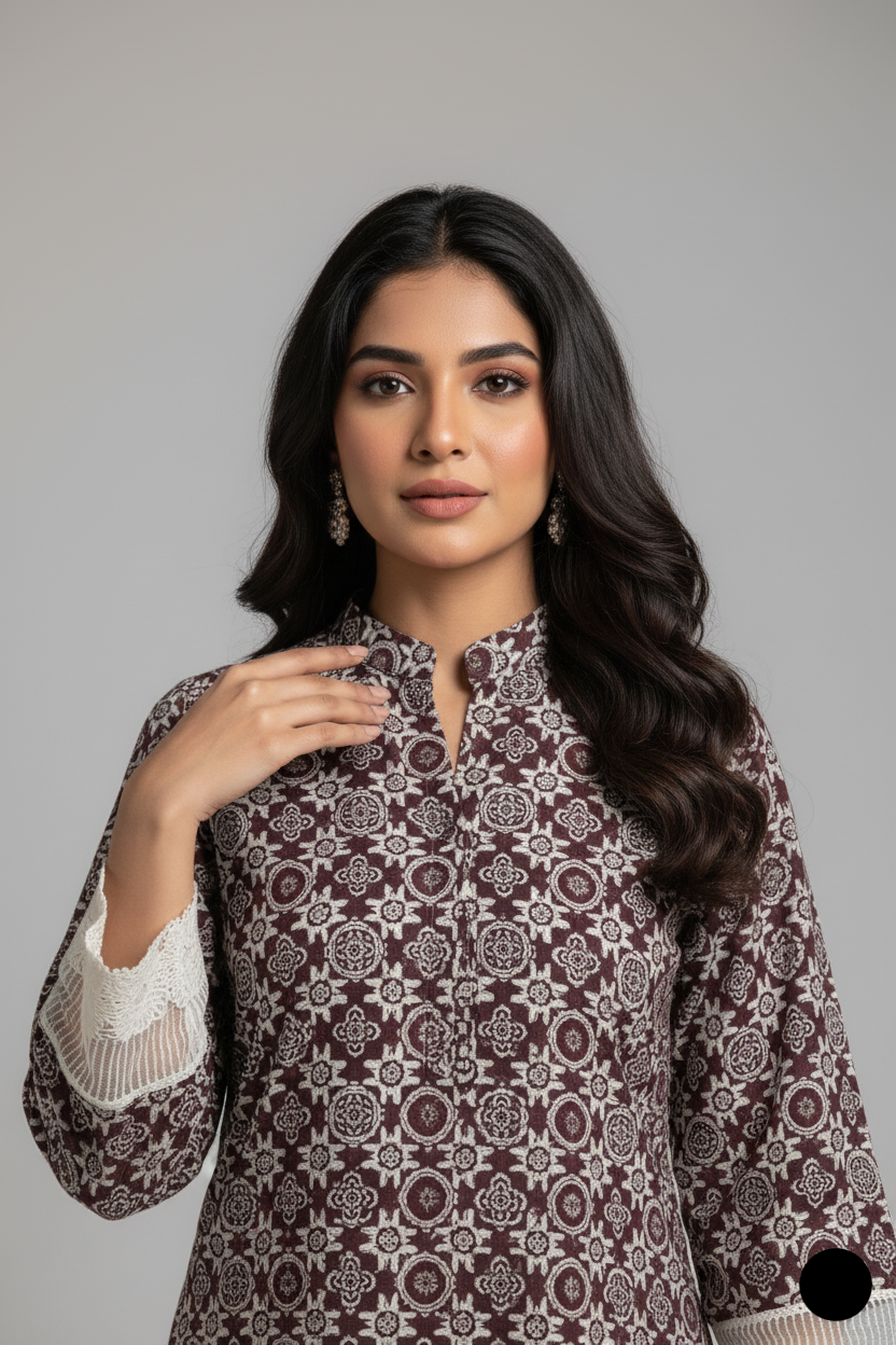 Pakistani women's lawn A-Line printed casual shirt side view