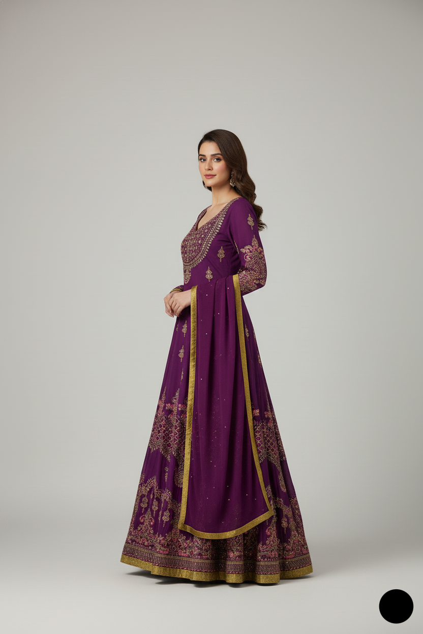 Pakistani women's purple chiffon straight shirt plazo back view