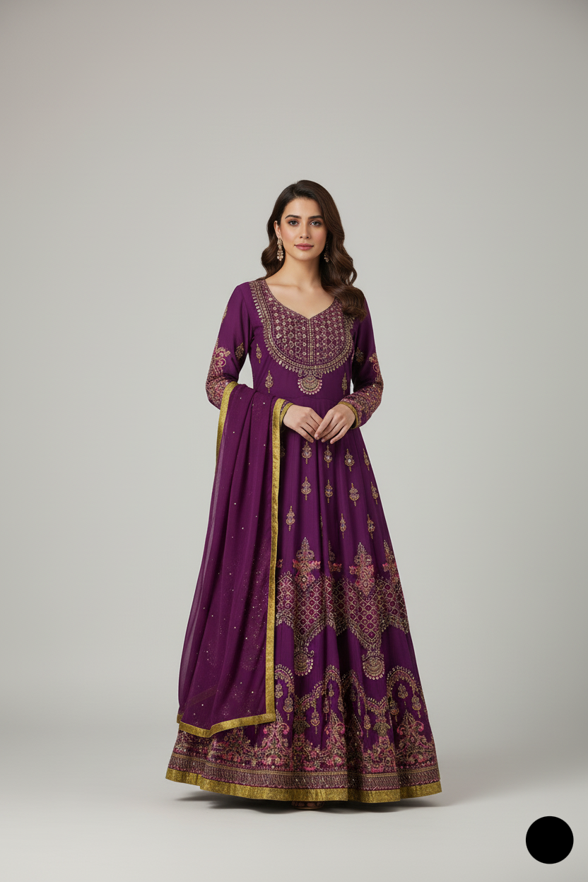 Chiffon straight shirt plazo purple - Pakistani women's party wear with grip plazo and chiffon dupatta front view