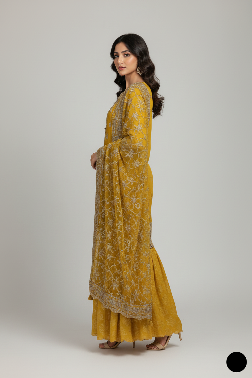 Pakistani women's yellow chiffon straight shirt plazo back view