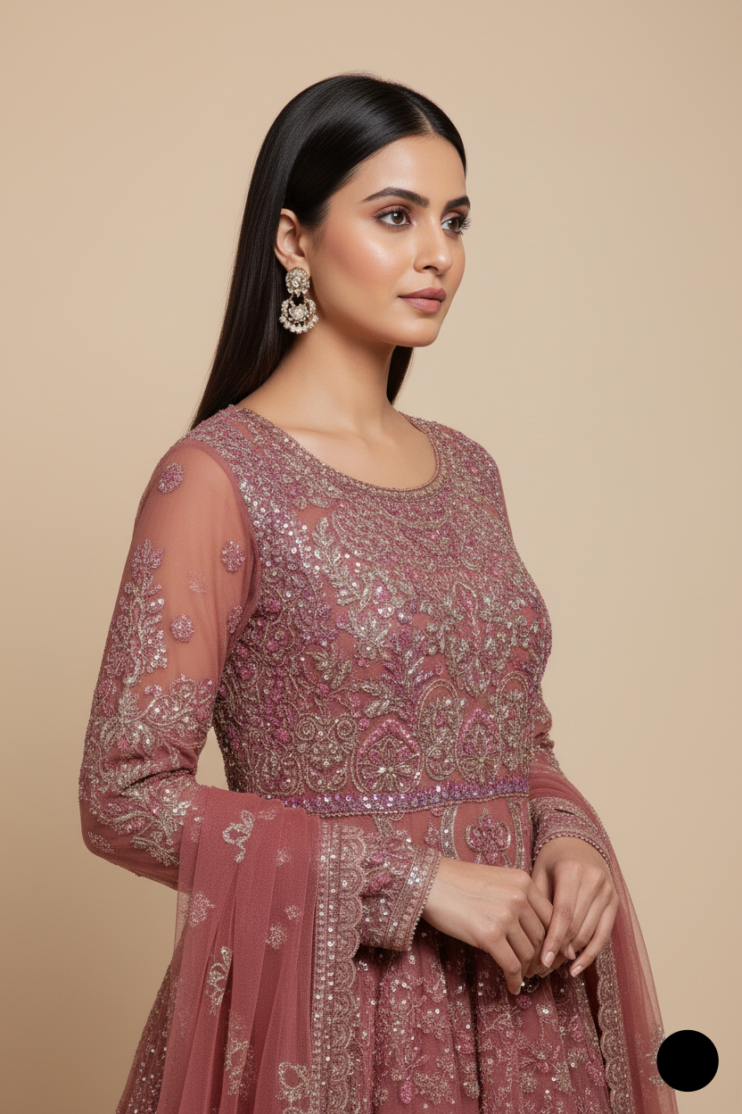 Pakistani women's pink chiffon straight shirt plazo detail view