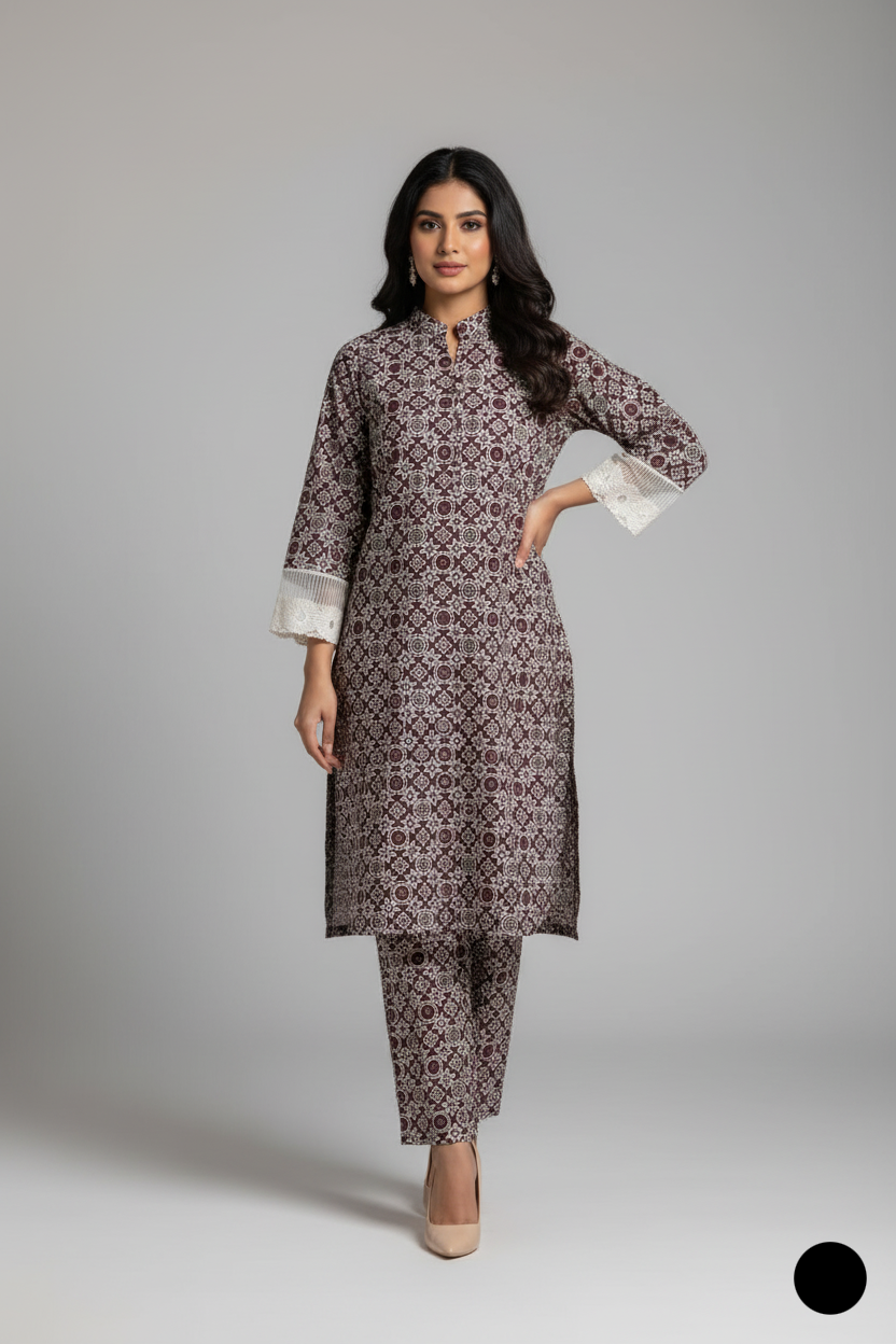 Lawn A-Line printed shirt - Pakistani women's casual summer outfit with cotton trouser and lawn dupatta front view