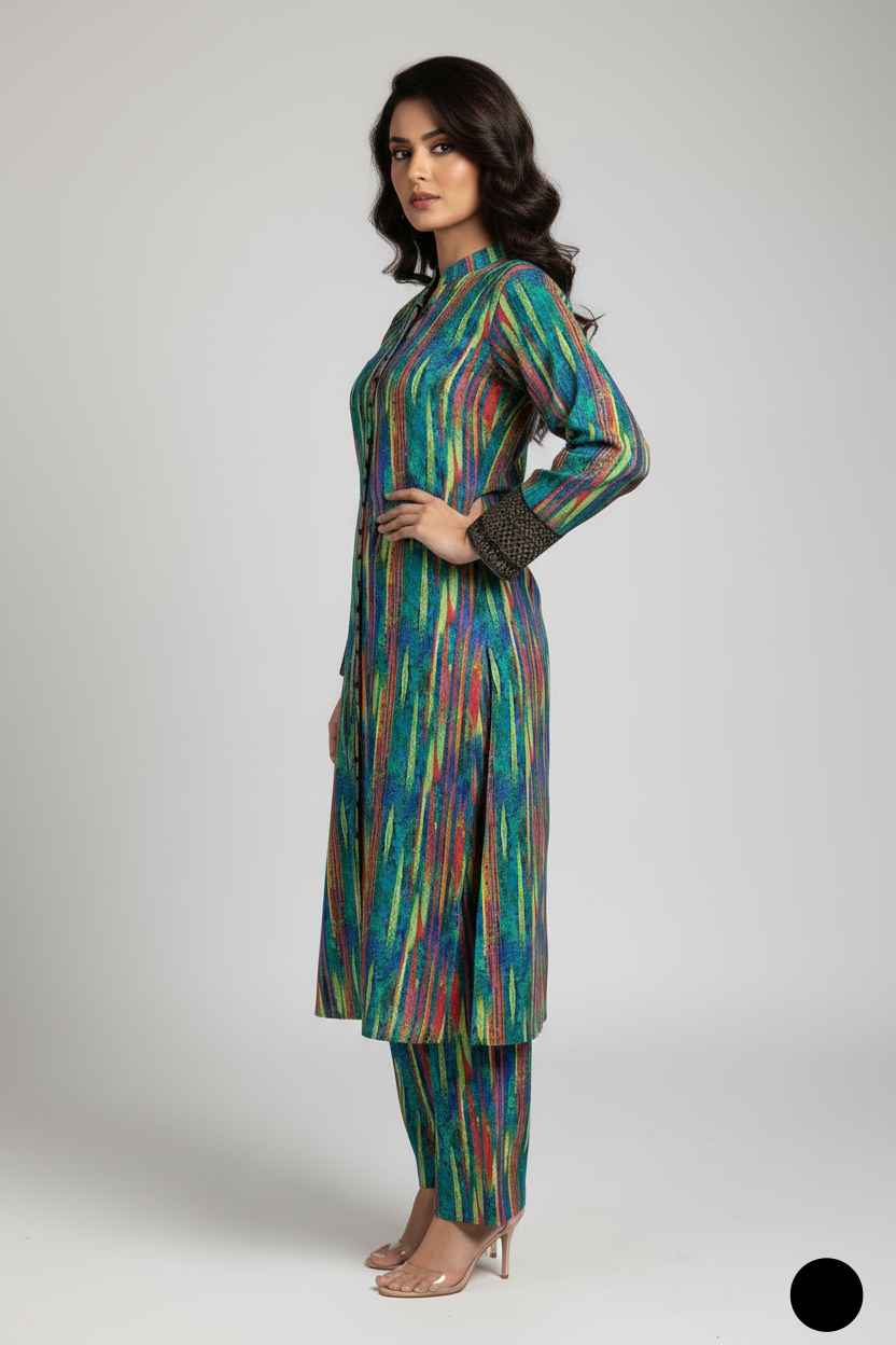 Pakistani women's lawn A-Line printed casual outfit detail view