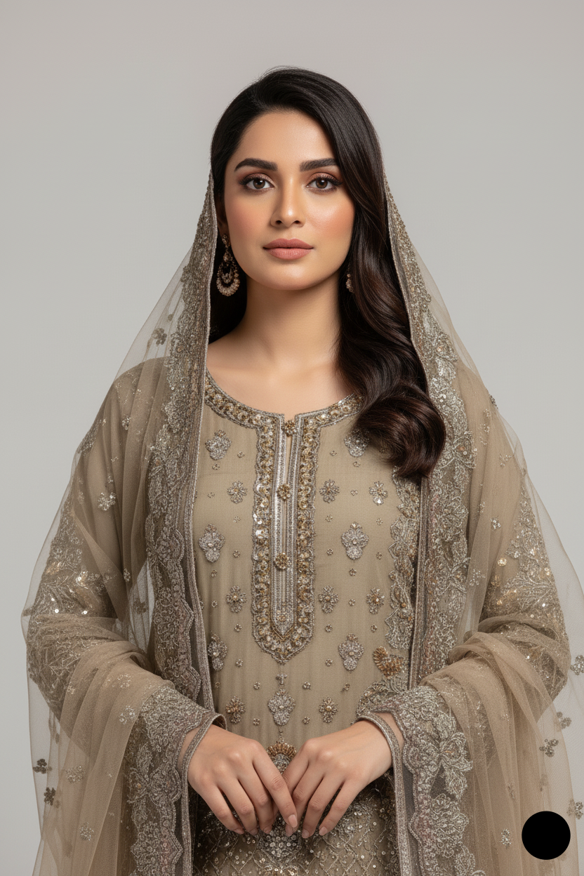 Brown organza Pakistani women's straight shirt side view