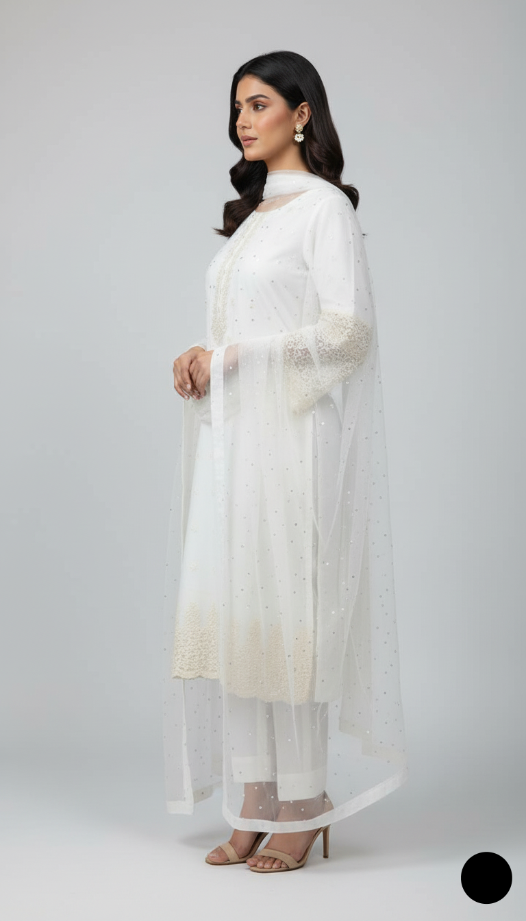 Pakistani women's white lawn A-Line casual shirt detail view