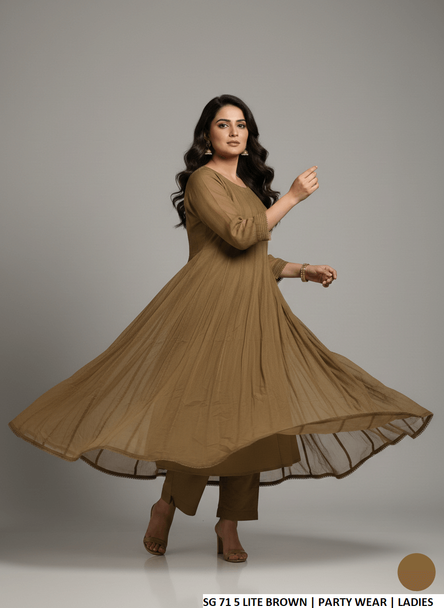 Pakistani women's light brown chiffon long frock back view