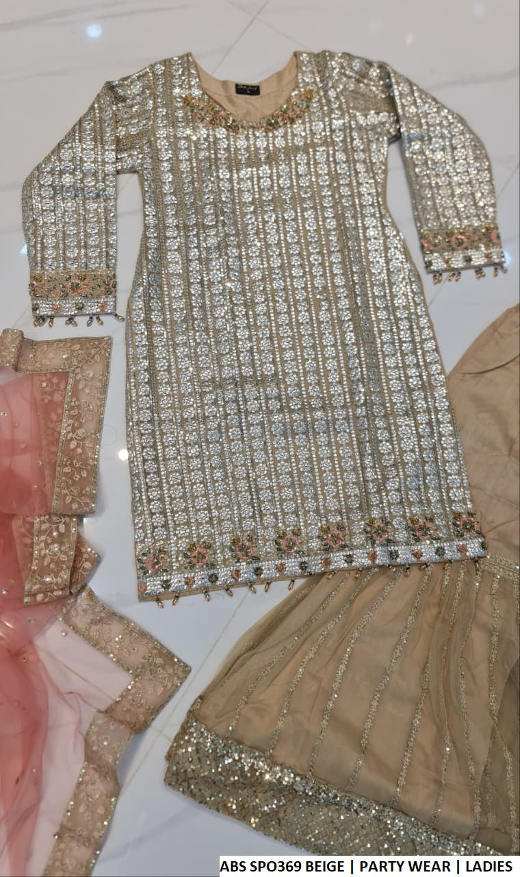 Pakistani women's beige chiffon straight shirt plazo back view