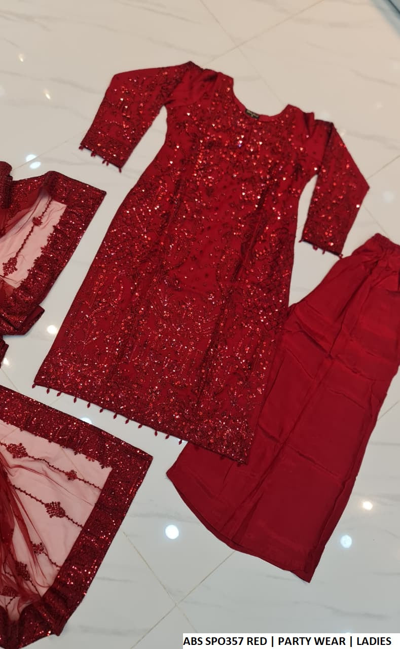 Pakistani women's red soft net straight shirt plazo back view