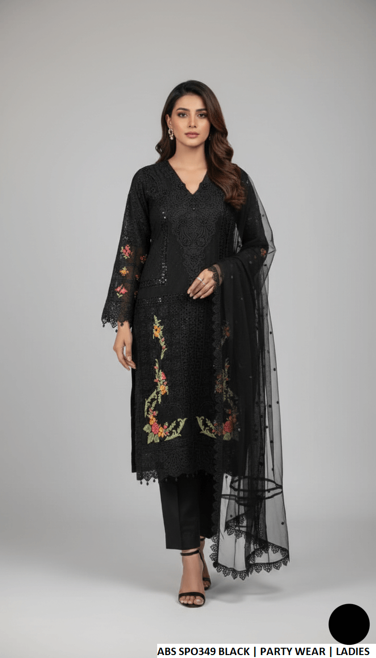Chiffon straight shirt black - Pakistani women's casual party wear with grip trouser and soft net dupatta front view
