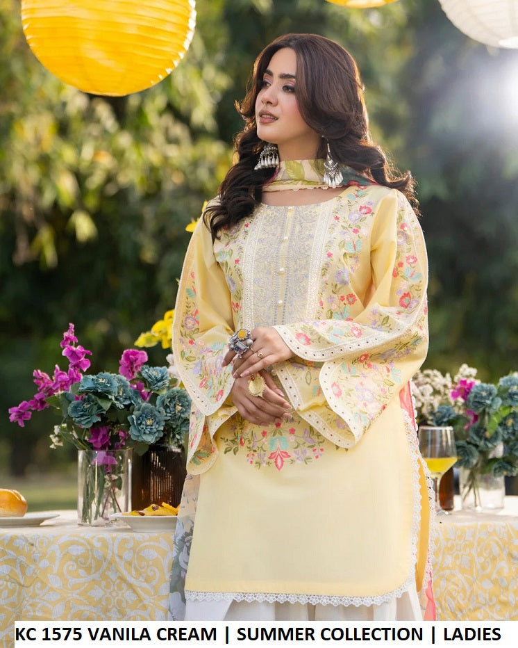 KC Sunehri 1575 Vanilla Cream - Vanilla Cream Embroidered 3-Piece Women's Pakistani Suit