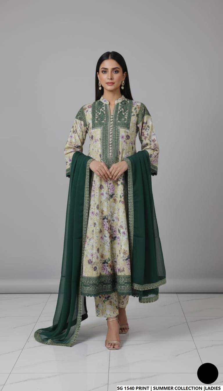 Lawn A-Line printed shirt - Pakistani women's casual summer outfit with cotton trouser and soft net dupatta front view
