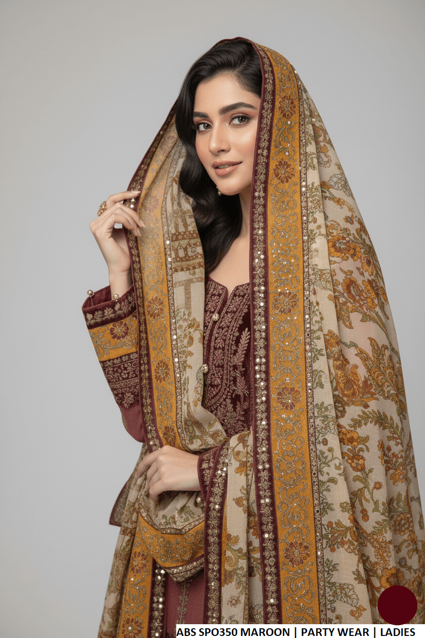 Pakistani women's maroon organza straight shirt with jamawar trouser detail view