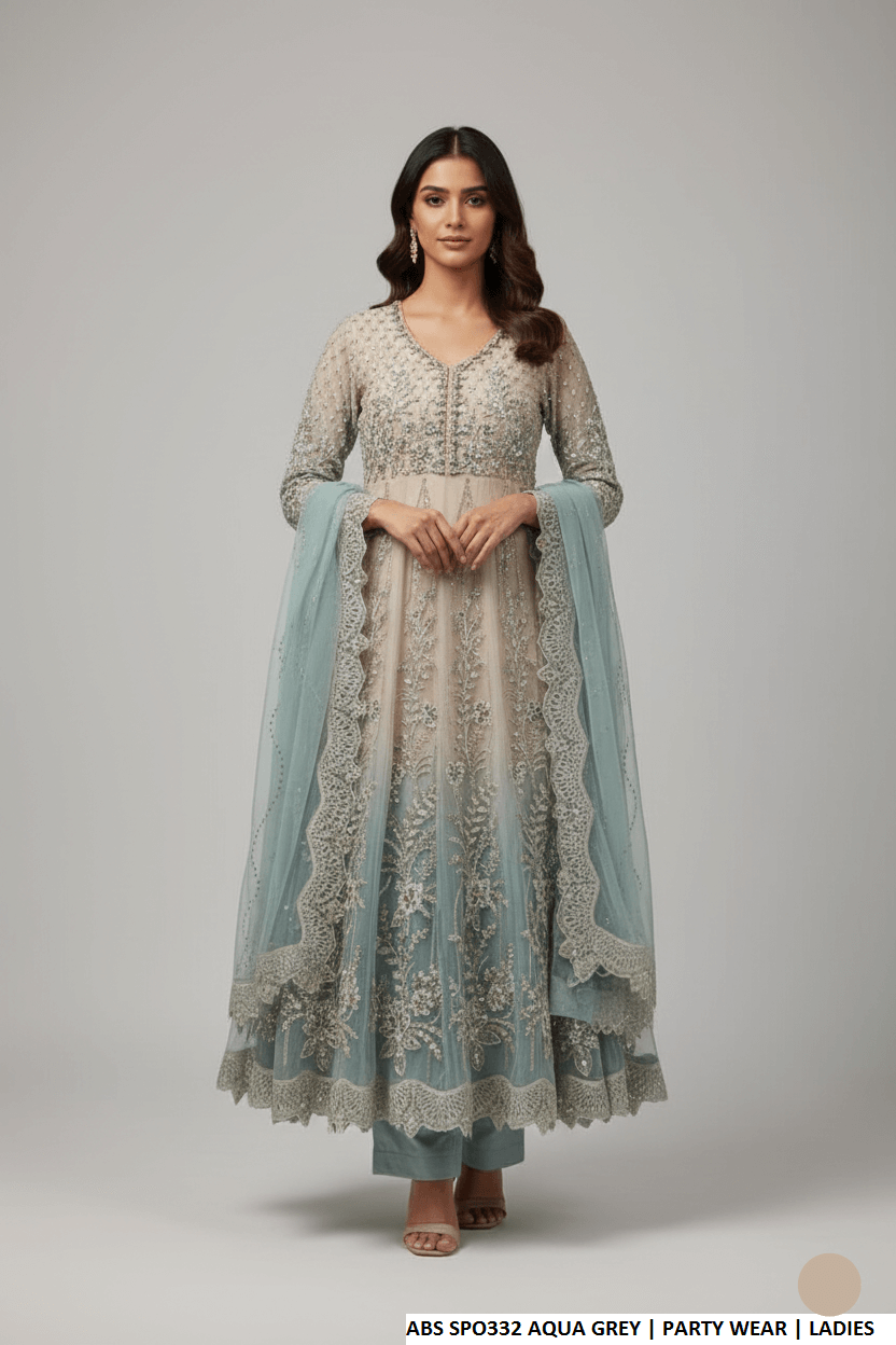 Pakistani women's aqua grey chiffon straight shirt plazo back view