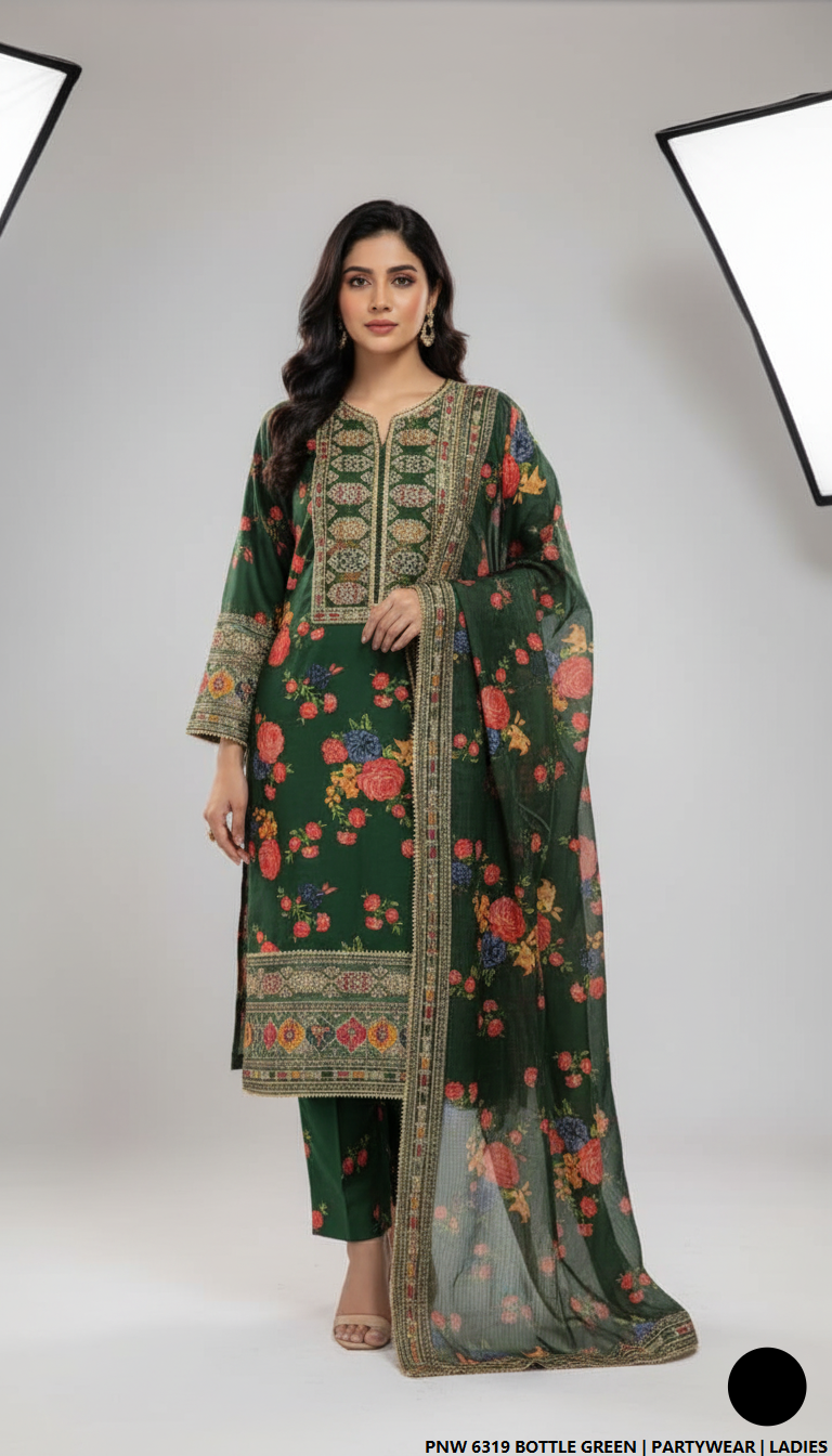Chiffon straight shirt bottle green - Pakistani women's elegant party wear with viscose trouser and chiffon dupatta front view