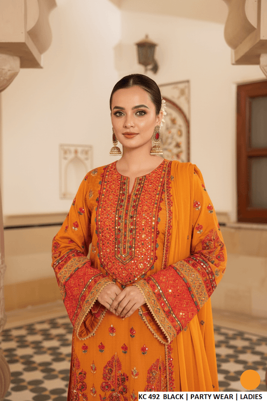 Orange silk Pakistani women's long kaftan with plazo side view