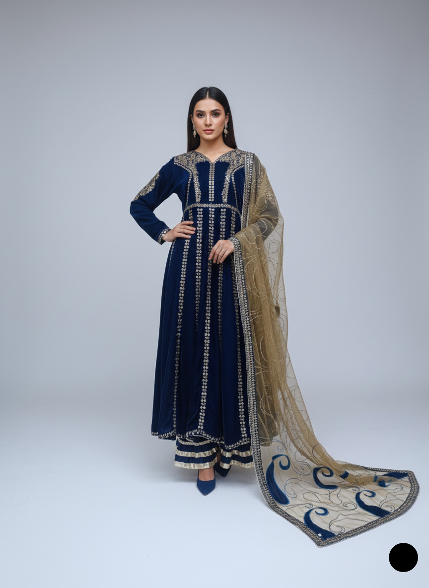 Velvet A-Line shirt navy blue - Pakistani women's winter formal wear with viscose trouser and palachi shawl front view