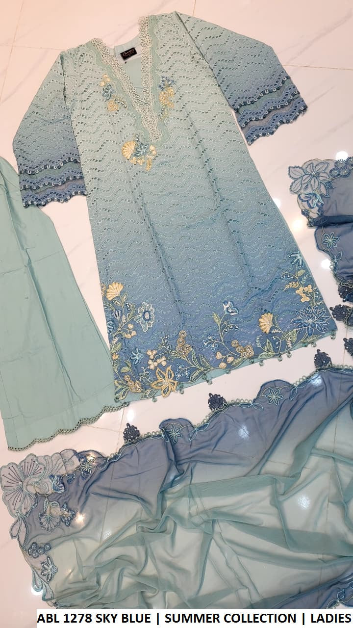 ABL 1278 SKY BLUE - Sky Blue Poly Lawn Straight 3-Piece Women’s Pakistani Suit