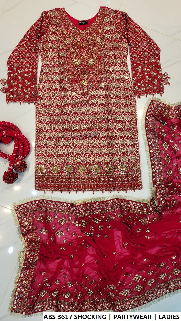 ABS 3617 SHOCKING PINK - Shocking Pink Chiffon Straight 3-Piece Women's Pakistani Suit