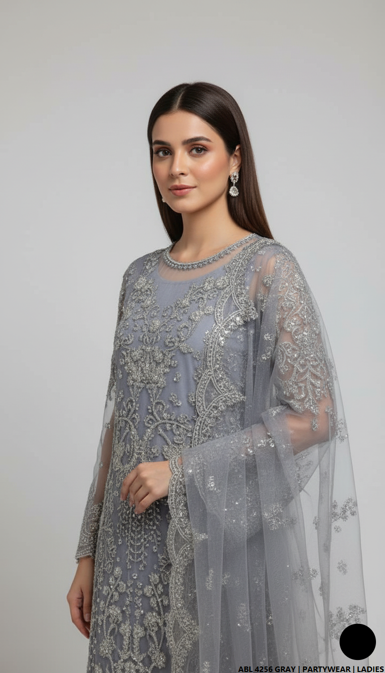 Grey organza Pakistani women's straight shirt side view