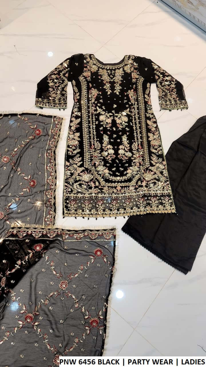 PNW 6456 BLACK chiffon Pakistani women's straight shirt with viscose trouser back view