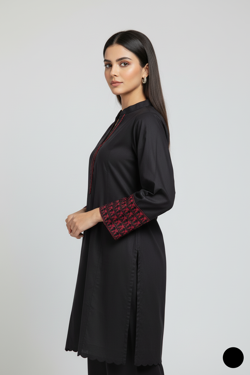 Pakistani women's black maroon lawn A-Line casual shirt detail view