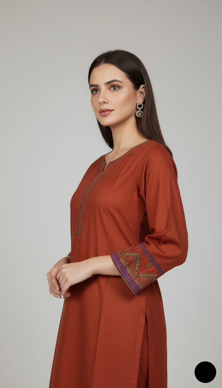 Pakistani women's copper lawn A-Line casual shirt detail view