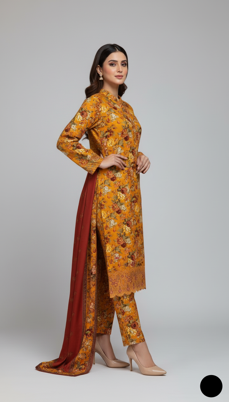 Pakistani women's lawn A-Line printed casual outfit detail view