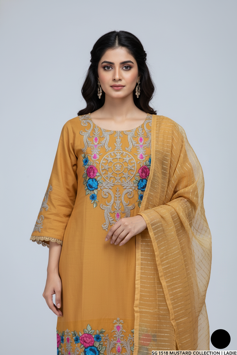Mustard yellow lawn Pakistani women's A-Line casual shirt side view