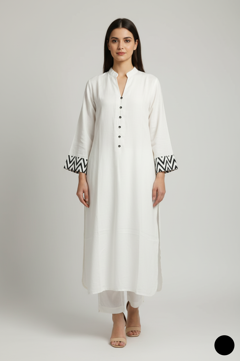 Lawn A-Line shirt off white - Pakistani women's casual summer outfit with cotton trouser and lawn dupatta front view