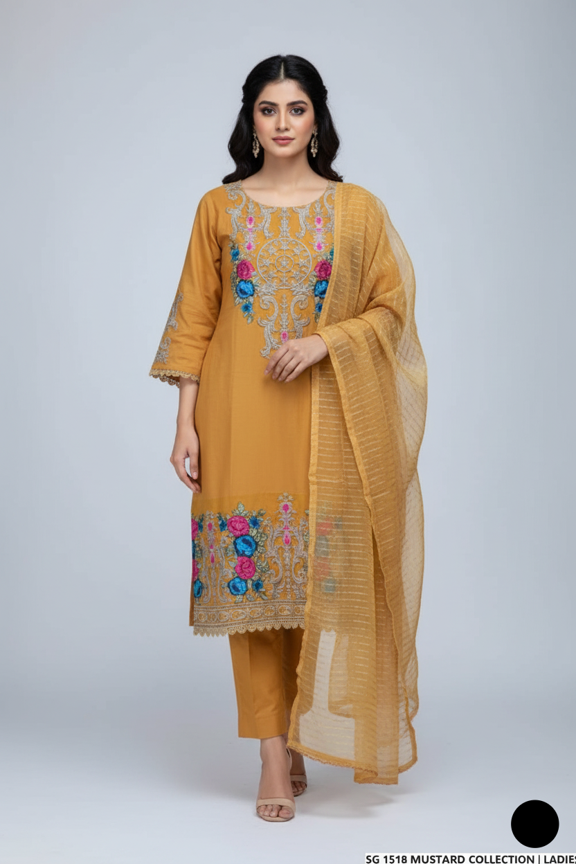 Lawn A-Line shirt mustard yellow - Pakistani women's casual summer outfit with cotton trouser and lawn dupatta front view