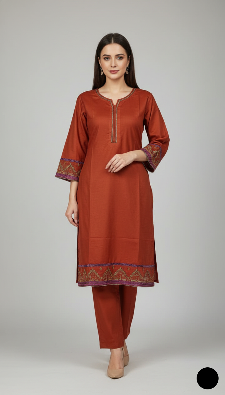 Lawn A-Line shirt copper - Pakistani women's casual summer outfit with cotton trouser and lawn dupatta front view