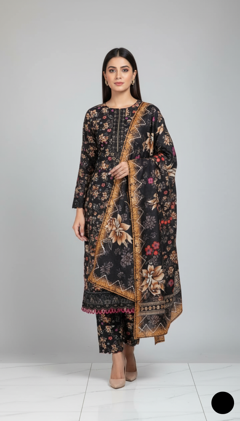 Lawn A-Line printed shirt - Pakistani women's casual summer outfit with cotton trouser and lawn dupatta front view