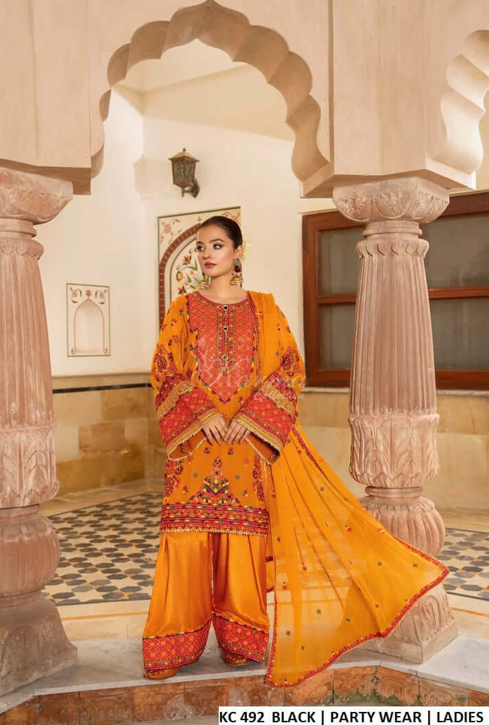 Silk long kaftan plazo orange - Pakistani women's luxury formal wear with silk dupatta front view